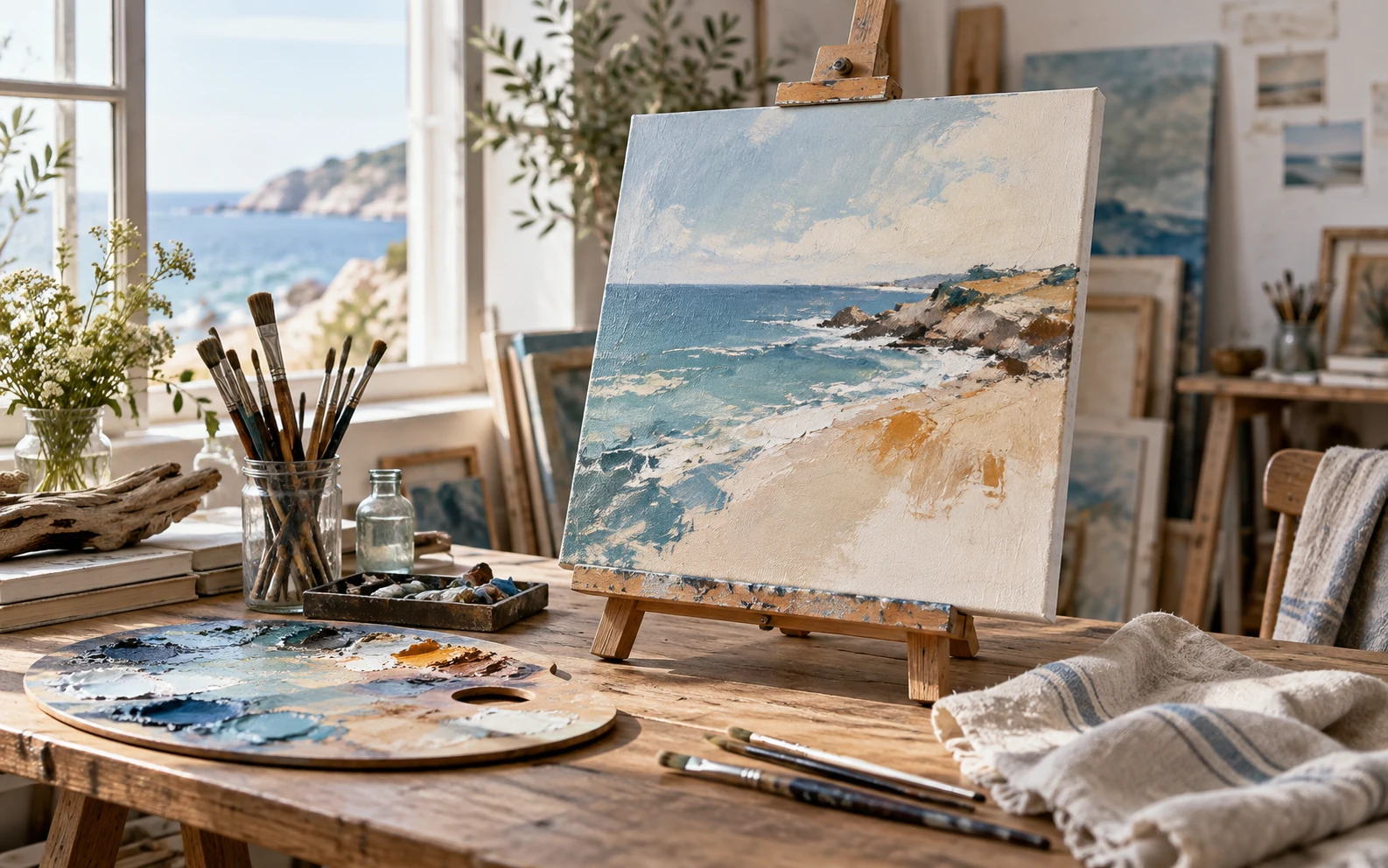 Atelier de peinture lumineux, toile marine sur chevalet, palette et pinceaux